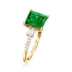 Ross-Simons - 3.00ct Simulated Emerald, .38ct t. w. Cubic Zirconia Ring Over Sterling. Size 9. This simulated emerald ring presents luxury for less! A 3.00 carat square simulated emerald is flanked by .30 ct. t. w. square-cut CZs with round brilliant-cut CZ accents on either side of the ring. Set in polished 18kt yellow gold over sterling silver. 3/8" wide. CZ and simulated emerald ring. Carat weights are diamond equivalents. Emerald birthstones are the perfect gift for May birthdays. Green Princess Cut Diamond Ring In Fine Jewelry Style, Fine Jewelry Green Princess Cut Diamond Ring, Green Princess Cut Diamond Ring Fine Jewelry, Green Princess Cut Diamond Ring, Green Diamond Ring With Princess Cut And Accent Stones, Green Princess Cut Diamond Ring With Accent Stones, Brilliant Princess Cut Emerald Ring For May Birthstone, Princess Cut Diamond Ring For May Birthstone, Elegant Emerald Ring With Princess Cut And Accent Stones