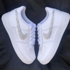 Custom Unisex Crystal Nike Air Force 1s. Please Be Aware That Processing Time Can Be Up-To 1 Week & This May Vary Depending On The Shoe & Design Being Done. Sneakers May Be Shipped Without The Box If Doesn't Fit Once Wrapped. Shoes Will Be Packaged Securely. More Crystal Colors Available. Price Firm/ Plz No Offers. Also Available In Both Kids & Men Sizes Sporty White Sneakers With Rhinestones, White Rhinestone Sneakers For Streetwear, Quinceanera Shoes, 1 Pixel, Nike Air Force One, Perfect Sneakers, Custom Bling, Custom Air Force 1, Cute Nike Shoes