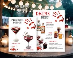 Editable Halloween Drink Menu Signs, Pick Your Poison. Bar Menu Sign Template, Bloody Handprint and Blood Splatter H02 Halloween Party Bar, Cocktail Images, Beer Names, Bar Menu Sign, Halloween Drink, Vampire Kiss, Whiskey Brands