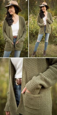 a woman wearing a green cardigan sweater and hat with her hands in her pockets