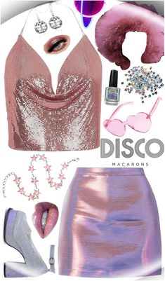 a woman's outfit and accessories are shown in this advertisement for disco macarons