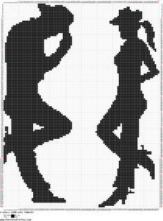 the silhouettes of two women in black and white are shown on a cross stitch pattern