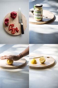 the process of making lemons and peppers on a cutting board