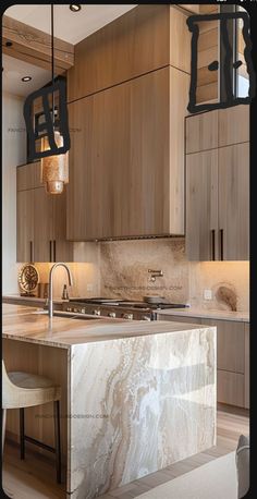 a kitchen with marble counter tops and wooden cabinets, along with two pendant lights hanging from the ceiling