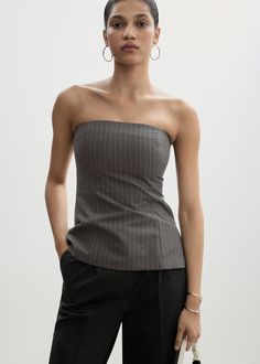 Strapless top with pinstripe - Woman | MANGO United Kingdom Jean Jacket Vest, Top Bustier, Strapless Neckline, Blazer And Skirt, Tailored Design, Seed Heritage, T Shirt Costumes, Cap Hair, Invisible Zip