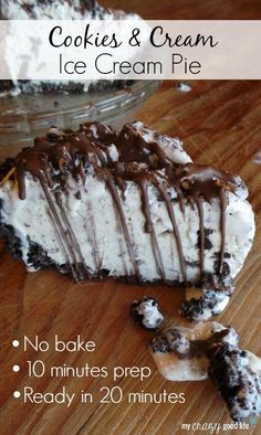 a piece of ice cream pie sitting on top of a wooden table