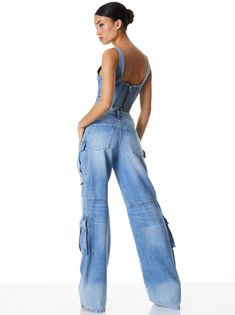 Cay Baggy Cargo Jeans In Brea Blue | Alice And Olivia Baggy Cargo Jeans, Cargo Design, Denim Corset Top, Top Corset, Denim Cargo Pants, Denim Corset, Denim Cargo, Baggy Denim, Alice And Olivia