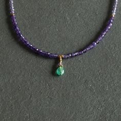 Solid Gold Emerald Necklace, Small Glowing Colombian Emerald, Tiny Dainty Light Purple Rose De France Amethyst, 18K Gold Beads, 14K Gold - Etsy Gold Emerald Necklace, Colombian Emeralds, Purple Rose, Emerald Necklace, Purple Roses, Gold Beads, Light Purple, Solid Gold, 18k Gold