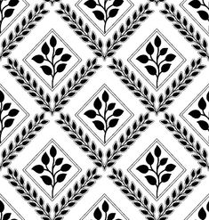 a black and white pattern with leaves