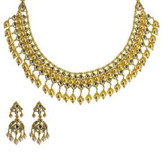 22K Yellow Gold Kundan Necklace & Earrings Set W/ Hanging Pearls, 104.1g - Virani Jewelers Gold Kundan Necklace, Gold Necklace And Earrings Set, 22k Gold Necklace, Kundan Jewellery Set, Kundan Jewelry, 22k Gold Jewelry, Online Gold Jewellery, Ornate Design, Kundan Necklace