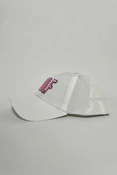 Golf Hat Color: White hat with Pink+Navy text Performance Tri Tech Moisture Wicking Unique Four-Way Stretch Sweatband Pukka Golf Hat, Golf Hats, White Hat, Navy And White, Moisture Wicking, Color White, Golf, Navy, Hats