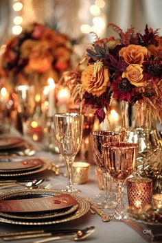 Elegant fall wedding table decor with warm autumnal colors, candles, and stunning floral arrangements. Perfect for a romantic fall wedding centerpiece. Halloween Wedding Pumpkins, Pumpkin Wedding Decorations Table, Fall Wedding Round Table Decor, Fall Wedding Table Decorations, Fall Wedding Place Settings, Wedding Table Decorations Elegant, Fall Wedding Tablescapes, Fall Wedding Table Decor, Elegant Fall Wedding