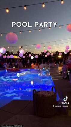 a pool party with balloons floating in the air