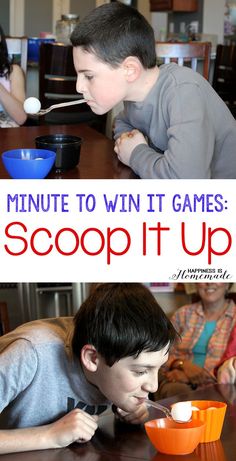 two pictures with the words, minute to win it games scoop it up and an image of a boy eating from a bowl