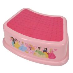 a pink potty seat with princess pictures on the lid and bottom part, in front of a white background