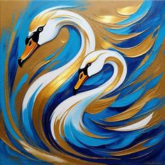 two white swans floating on top of a blue and gold watercolored background with waves