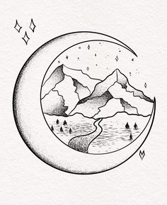 a black and white drawing of a moon with mountains in the background