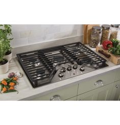 a stove top sitting on top of a kitchen counter next to potted plants and spices