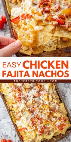 A delicious home-cooked meal on a sheet pan! Made with sautéed fajita vegetables, these chicken nachos are the BEST. Put these Easy Chicken Fajita Nachos on your rotation of weeknight dinner recipes!