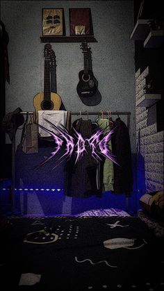 a room with guitars and clothes hanging on the wall