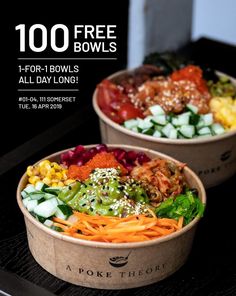 two bowls filled with different types of salads on top of a black countertop