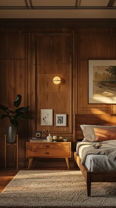 a bedroom with wood paneled walls and a bed in the middle, along with two nightstands