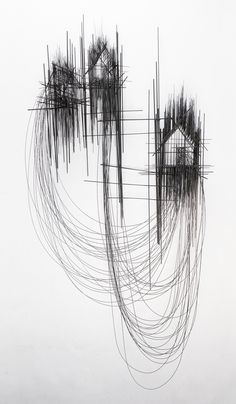 an abstract drawing with lines and shapes in black and white, against a light gray background