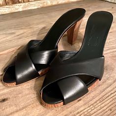 Salvatore Ferragamo Black Leather Slide On Heels. Size 8n. Would For 7.5 In Not Narrow. Nwot Black Leather Mules With Contrasting Heel, Black Mules With Contrasting Heel Counter, Black Open Heel Mules With Contrasting Heel Counter, Black Mules With Leather Sole, Black Pointed Toe Mules With Wooden Heel, Black Mules With Wooden Heel For Work, Black Mules With Wooden Heel And Pointed Toe, Black Almond Toe Mules With Contrasting Heel, Black Mules With Wooden Heel For Evening