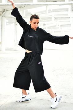 "Streetwear Outfit, Black Sweatsuit, Women Sweatshirt ◈ Stylish and chic fashion is our shared dream! You can be sure that this piece is made with a lot of love and craftsmanship. ◈ S I Z I N G ◈ The model wears size S. This item is available from XS to 4XL. Please, have a look at my Size Chart below before placing your order. The model in the picture is 63'' (160 cm) tall. ◈ D E L I V E R Y ◈ This item will be shipped in up to 5 days after your order was placed. We use Express worldwide shippin Black Stretch Hooded Tracksuit, Black Hooded Sets For Fall, Black Long Pants Sets For Spring, Black Hooded Fall Sets, Black Sets With Long Pants For Spring, Black Long Sleeve Tracksuit With Pockets, Black Streetwear Sets With Pockets, Black Hooded Loungewear Sets, Black Athleisure Tracksuit For Spring