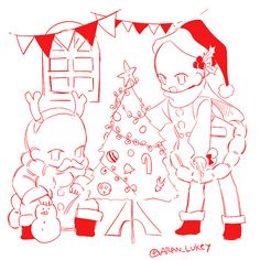 a red and white drawing of two children decorating a small christmas tree with toys