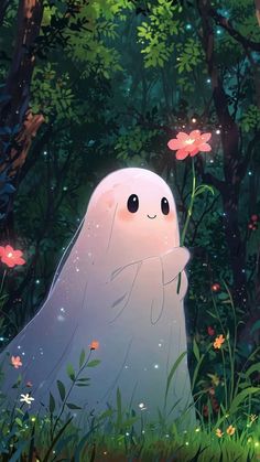 a white ghost standing in the middle of a forest surrounded by trees and flowers, with its eyes closed