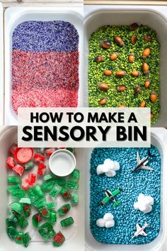 four trays filled with different colored candies and the words how to make a sensory bin