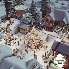 an aerial view of a christmas village with people and a large tree in the snow