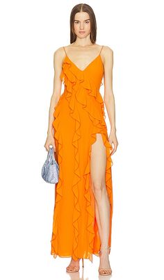 Orange Maxi Dress For Gala, Orange Ruffled Maxi Dress For Evening, Orange Floor-length Maxi Dress For Cocktail, Orange Gown, Orange Bridesmaid, Orange Bridesmaid Dresses, Social Calendar, Glass Of Champagne, Her Closet