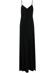 black satin weave V-neck spaghetti straps bustier-style neckline dart detailing flared skirt fabric-covered rear button fastening concealed rear zip fastening floor-length high-low hem Slip Maxi Dress, Skirt Fabric, Maxi Dress Black, Versace Outfit, Satin Slip, Flared Skirt, Underworld, High Low Hem, Black Maxi Dress