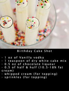 birthday cake shots in a glass bowl with sprinkles