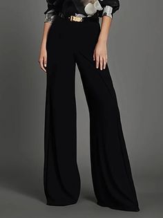 Pantaloni a vita alta a gamba larga disinvoltamente chic Black Flare Pants, Solid Color Pants, Black Flare, Summer Black, Office Casual, Trouser Pants, Flare Pants, Wide Leg Trousers, High Waisted Pants