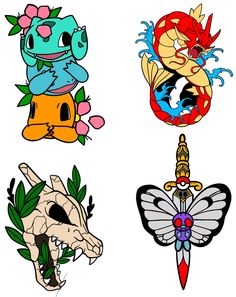 four different types of tattoos on white paper with dragon, skull, and flower designs