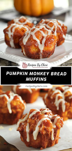 pumpkin monkey bread muffins with white icing on top and in the background