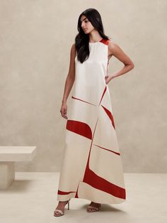 Lalia Satin Maxi Dress | Banana Republic Chic Sleeveless Maxi Dress, Luxury Staud Midi Dress For Spring, Luxury Fitted Dress Shirt For Formal, Luxury Summer Formal Shirt, Banana Republic Formal Dress, Linen Maxi Wrap Dress, Abstract Maxi Dresses, Linen Dresses Elegant, Long Shift Dress