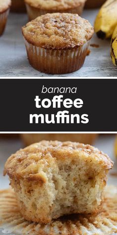 banana toffee muffins on a baking sheet with bananas in the background