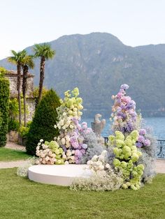 there are many different flowers on the lawn by the water and mountains in the background