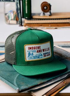 the "service station" trucker in kelly green Imogene Willie, Invert Colors, Tailor Shop, Denim T Shirt, Service Station, Home Scents, Lounge Shorts, Gift Card Sale, For Sale Sign