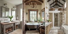 two pictures of a bathroom with tub, sink and ladder in the middle one has an open window