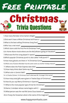 christmas trivia questions for kids to use in the holiday themed game, free printable