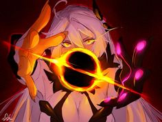 an anime character with yellow hair and orange eyes holding a glowing object in her hand