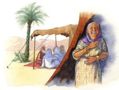 an old woman standing in front of a tent with two baby jesuss on it