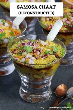 some food is sitting in small bowls on a table with text overlay that reads samosa chaat deconstructed