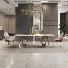 an elegant dining room with marble floors and walls