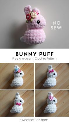 crocheted bunny stuffed animal is shown with instructions to make it's own